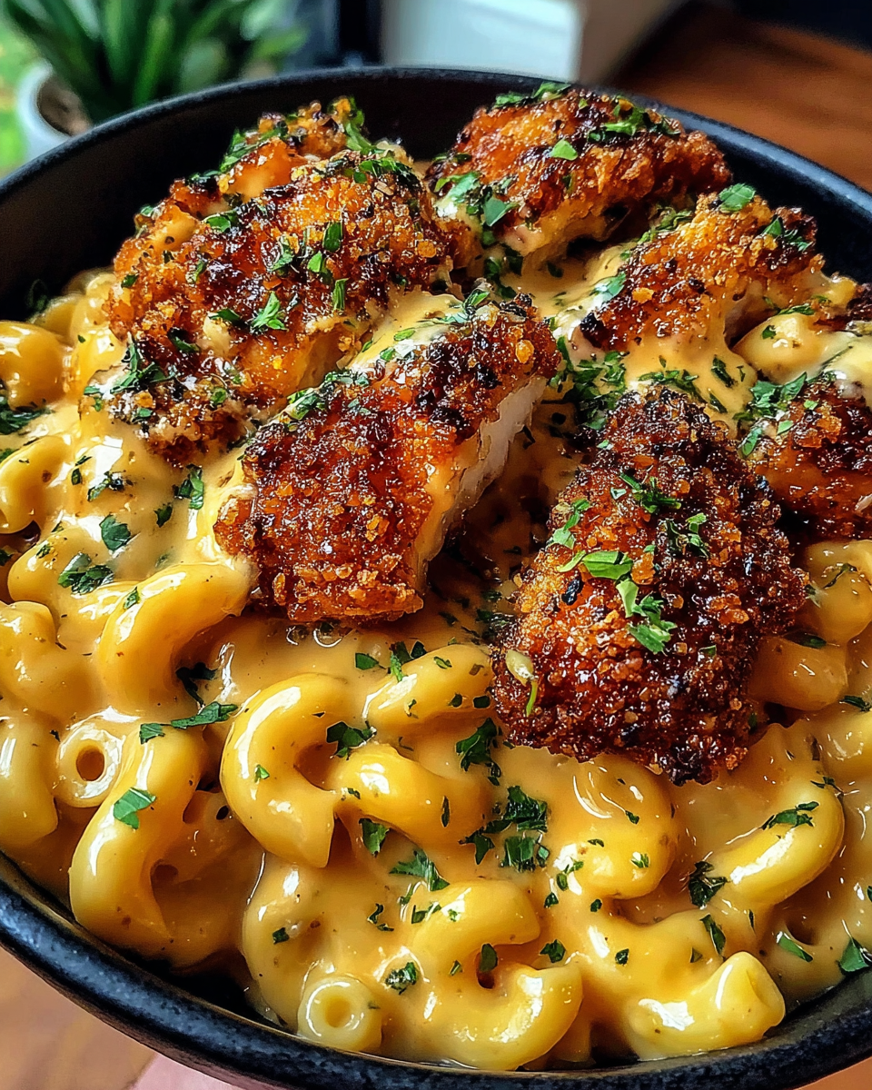 A bowl of creamy honey pepper chicken mac and cheese.