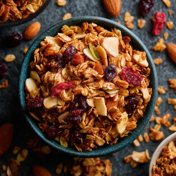 A bowl of granola with nuts and berries.