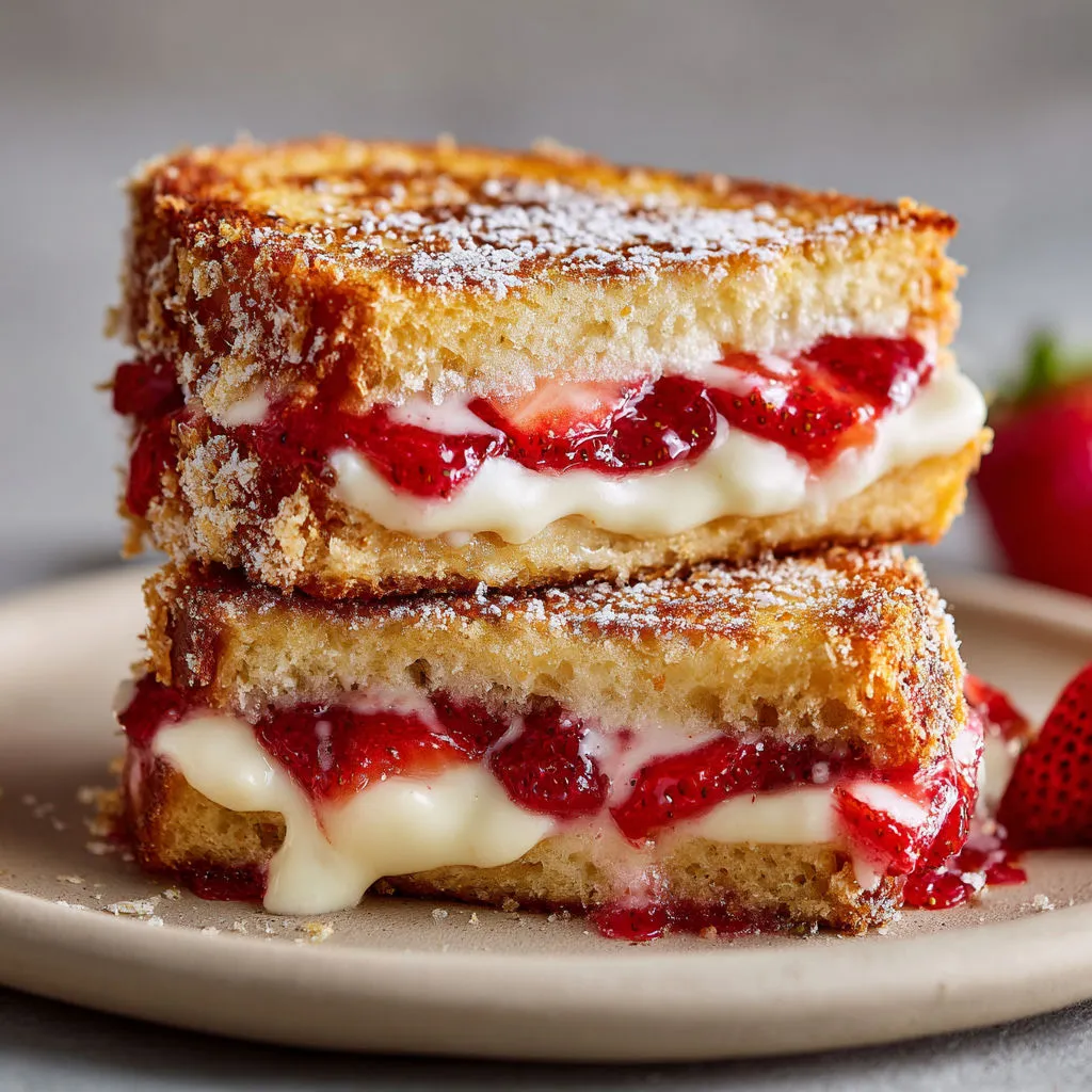 Two pieces of fried strawberry cheesecake sandwiches.