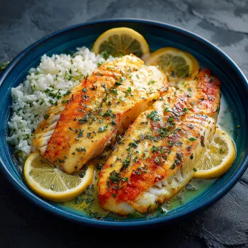 A plate of baked tilapia with lemon slices on top.