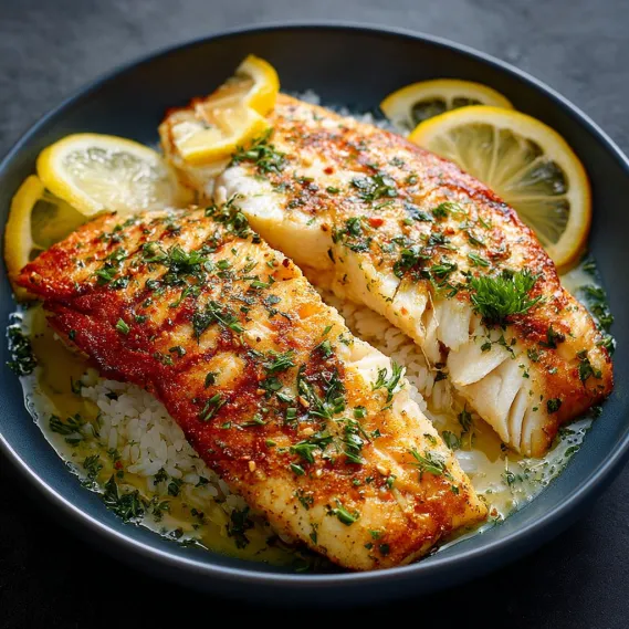 A plate of baked tilapia with lemon and herbs.