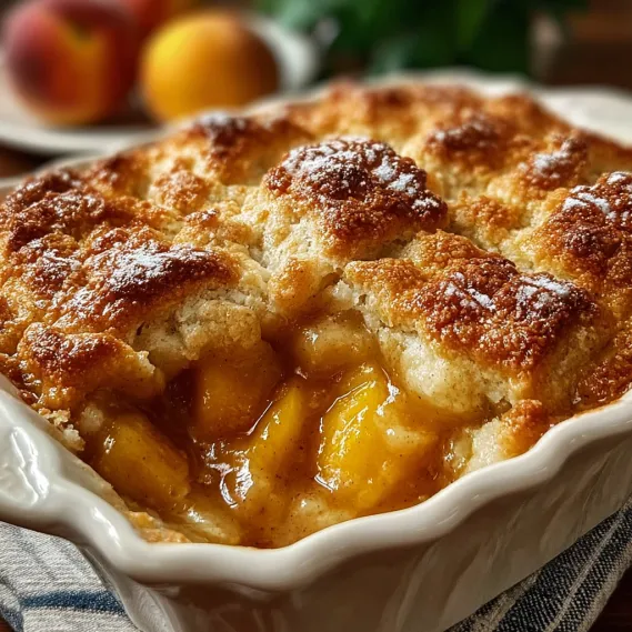 A bowl of peach cobbler with a peach on top.