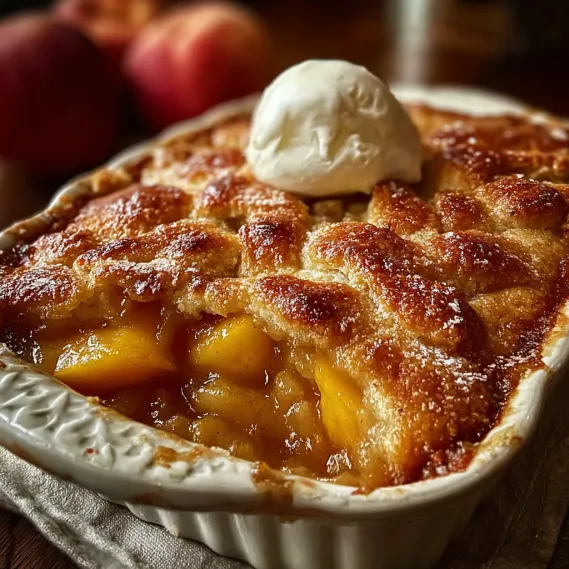 A bowl of peach cobbler with a dollop of whipped cream on top.