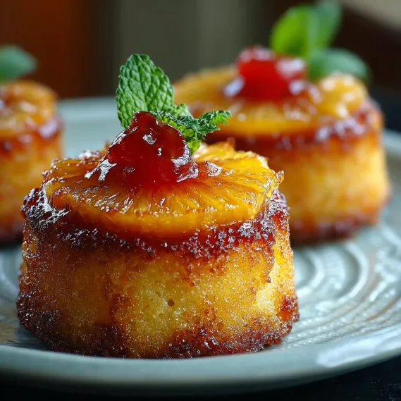 Three mini pineapple upside down cakes on a plate.