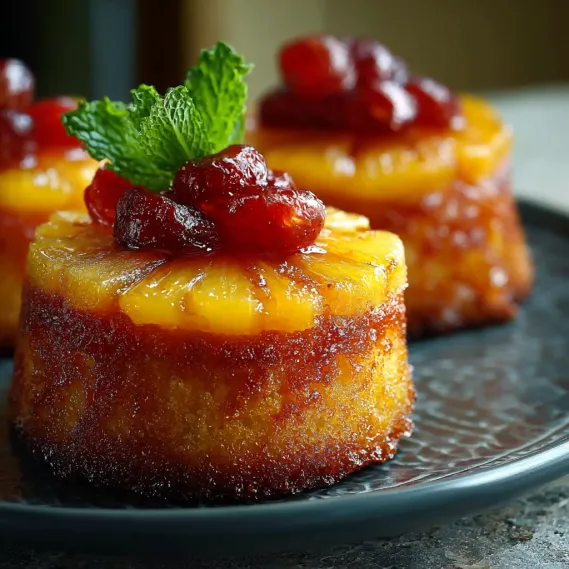 Three mini pineapple upside down cakes on a plate.