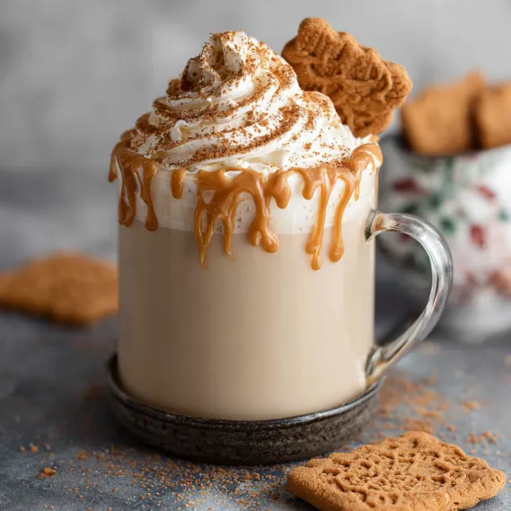 A cup of coffee with Biscoff cookie butter.
