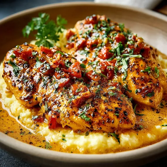 A plate of chicken with tomatoes and herbs.