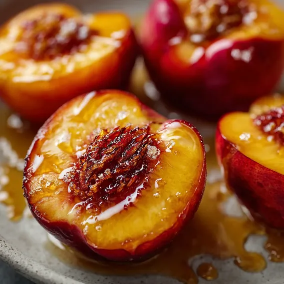 Peaches with honey drizzled over them.