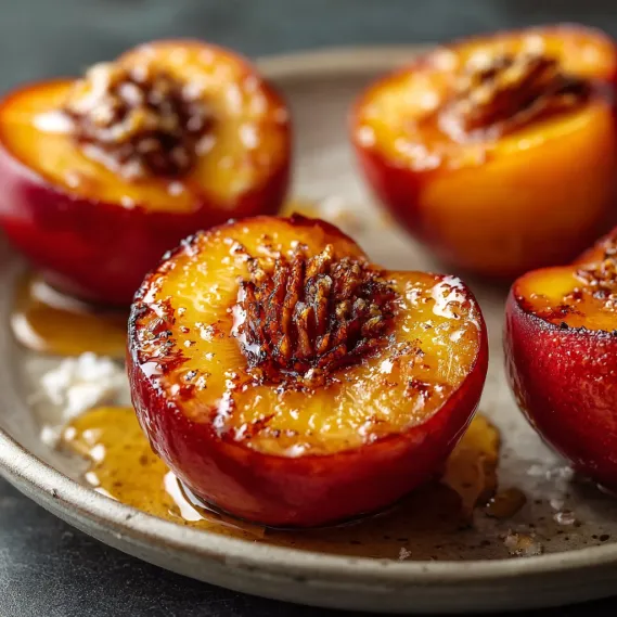 A plate of peaches with honey drizzled on top.