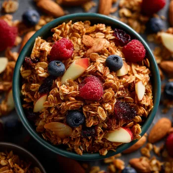 A bowl of granola with blueberries, raspberries, and almonds.