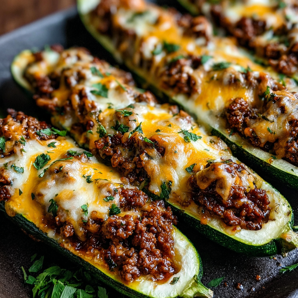 Ground beef zucchini boats on a black tray.