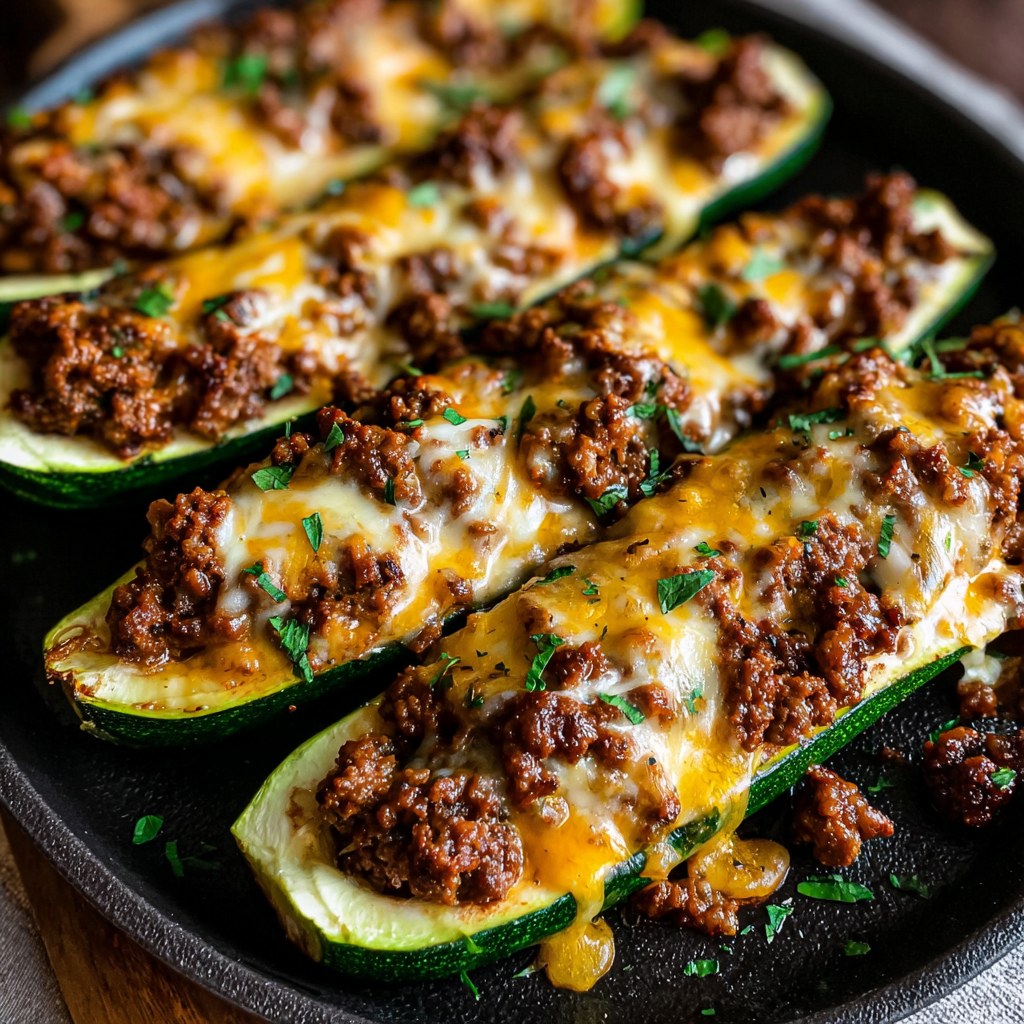Ground beef zucchini boats in a pan.
