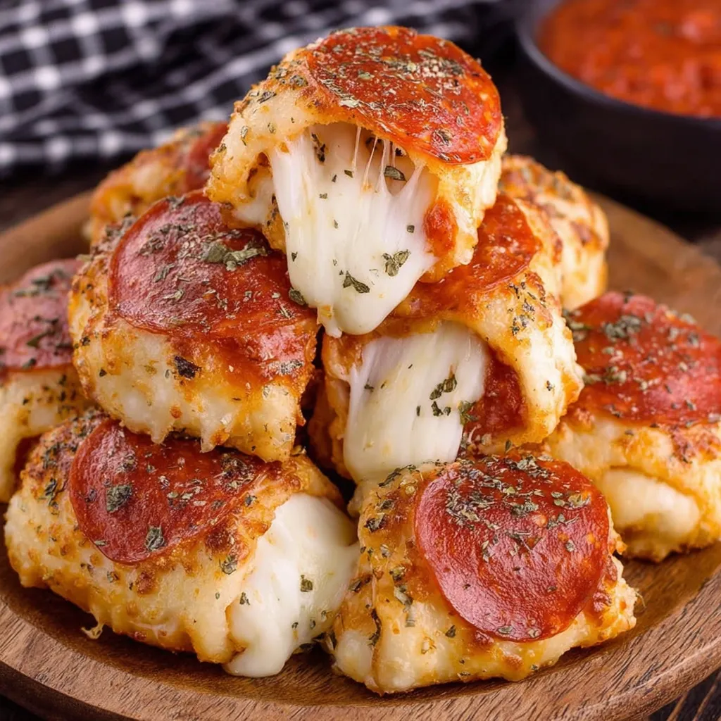 A stack of stuffed crust pizza snacks.