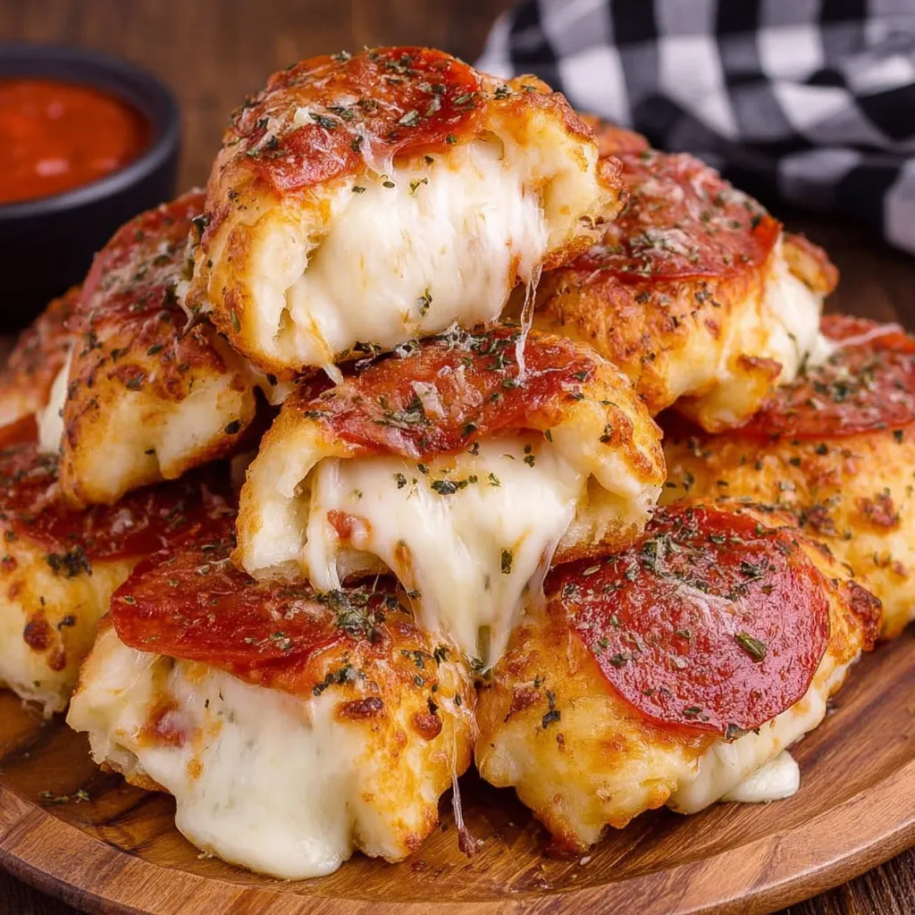 A stack of stuffed crust pizza snacks.