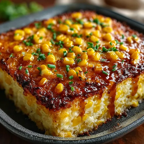 A close up of a honey glazed corn casserole.