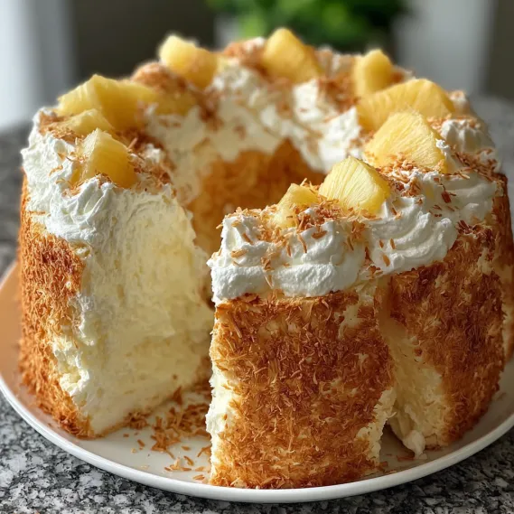 A slice of heavenly pineapple angel food cake.