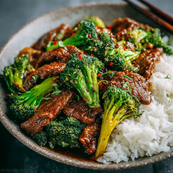 A bowl of Chinese beef and broccoli.