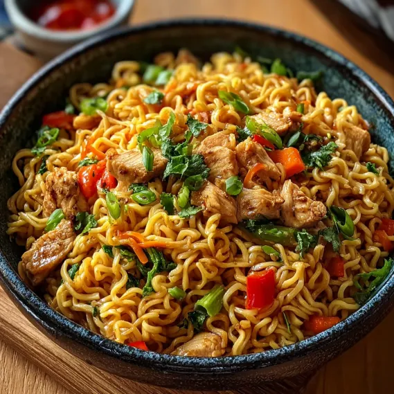 A bowl of chicken stir fry noodles.