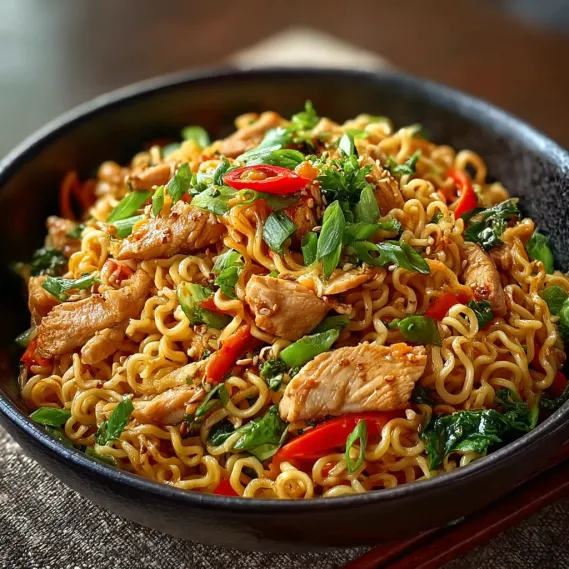A bowl of chicken ramen stir fry.