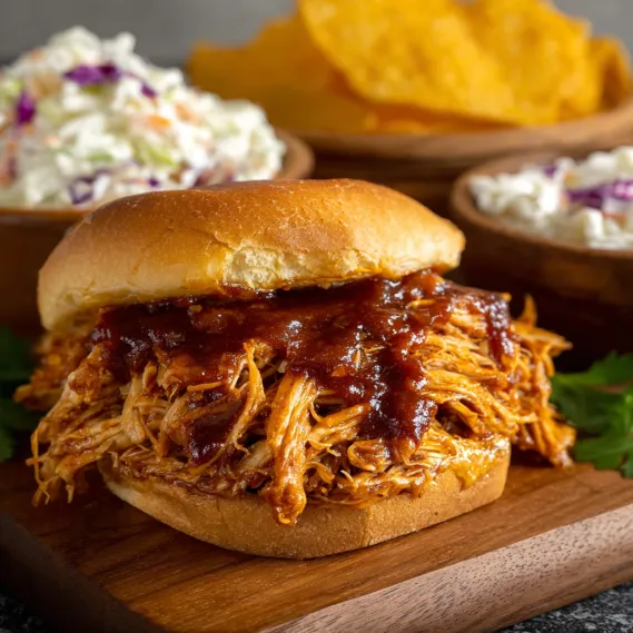 A BBQ chicken sandwich on a wooden cutting board.