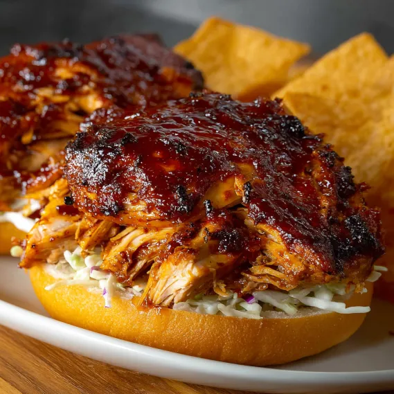 A plate of BBQ chicken with a side of chips.
