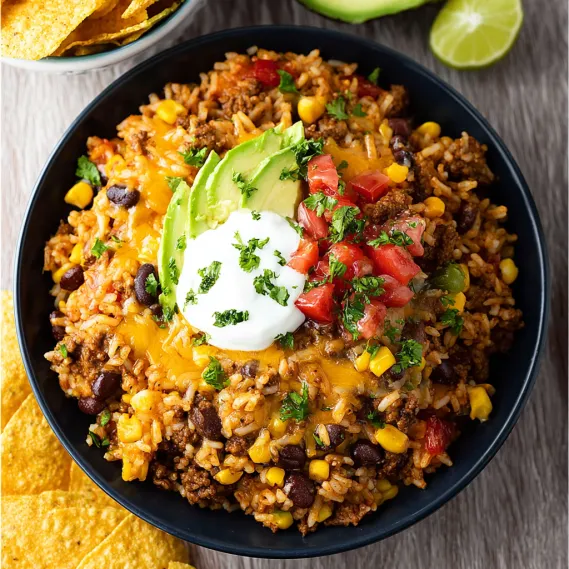 A bowl of ground beef burrito.