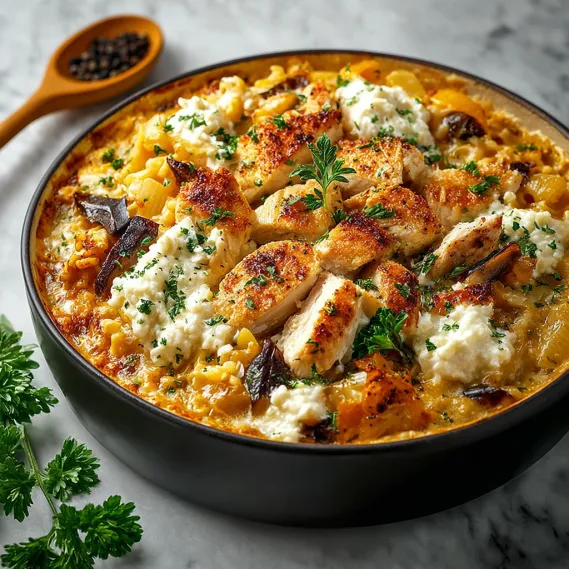 A dish of chicken and vegetables.