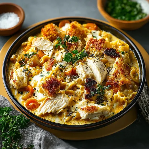 A bowl of chicken and pasta.