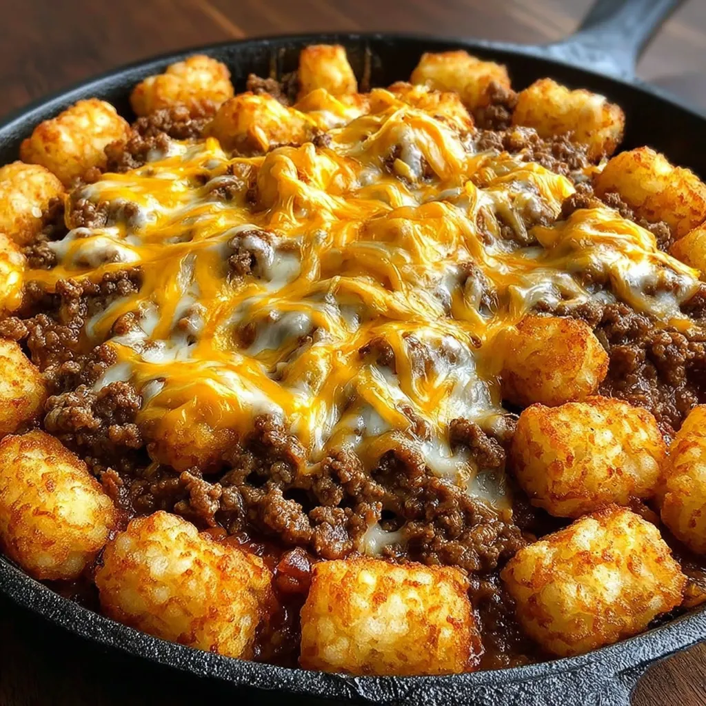 A skillet with a sloppy joe and tater tots.