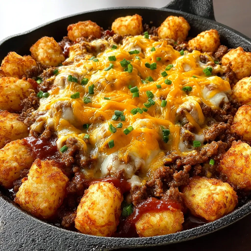A skillet filled with a sloppy joe and tater tots.