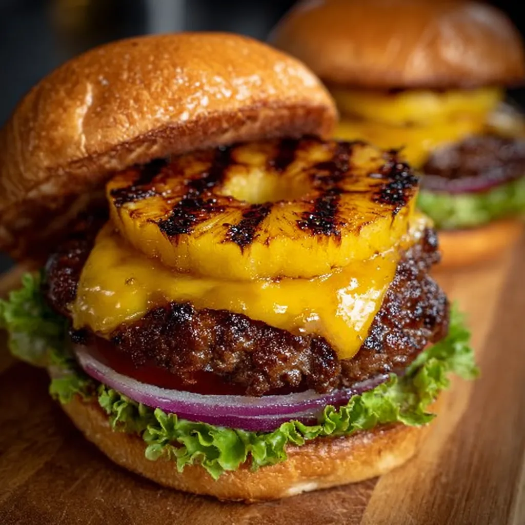 A grilled pineapple cheeseburger with lettuce and tomato.