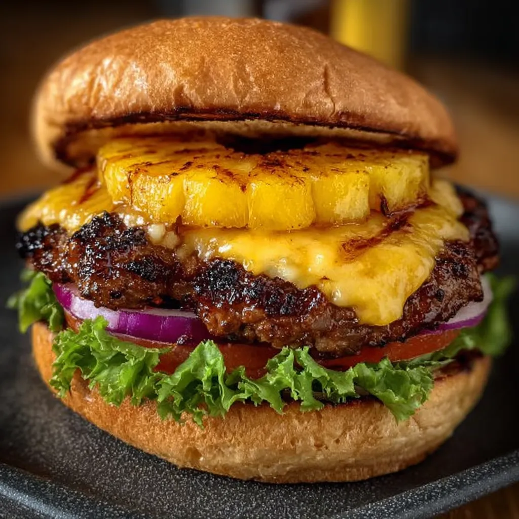 A grilled pineapple cheeseburger on a plate.