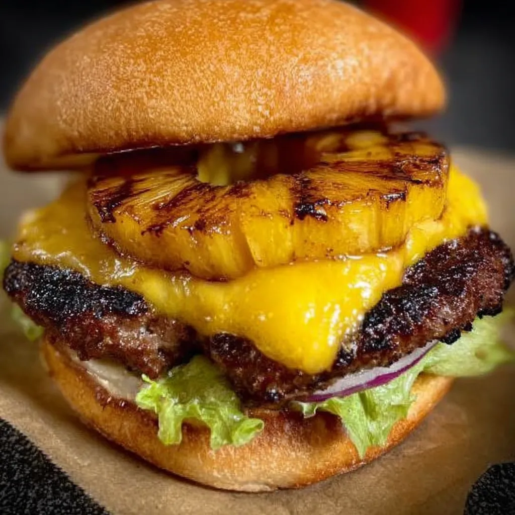 A grilled pineapple cheeseburger with lettuce and tomato.