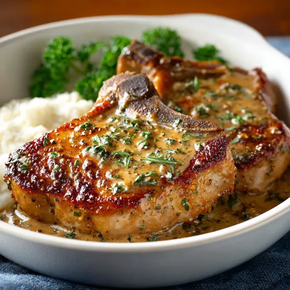 A plate of pork chops with gravy and broccoli.