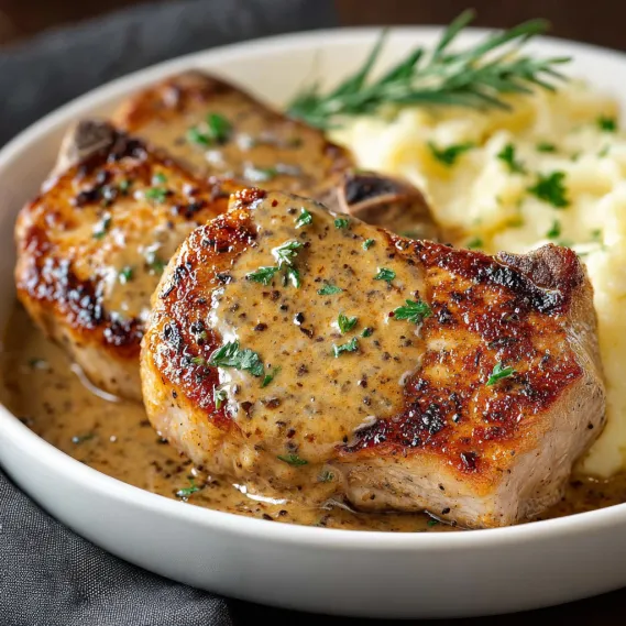 A plate of pork chops with gravy and mashed potatoes.