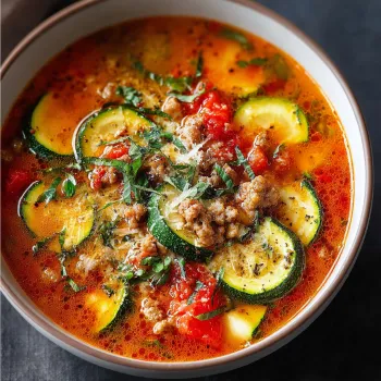 A bowl of soup with zucchini, tomatoes, and Italian sausage.