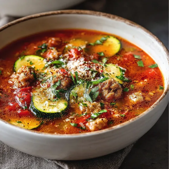 A bowl of soup with zucchini, tomatoes, and Italian sausage.