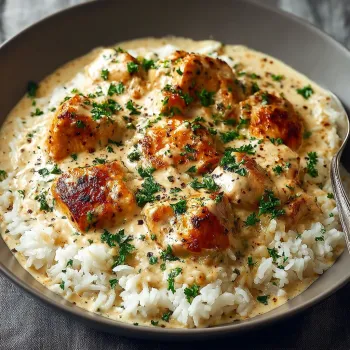 A bowl of creamy smothered chicken and rice.