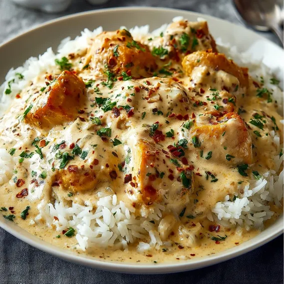 A bowl of creamy smothered chicken and rice.