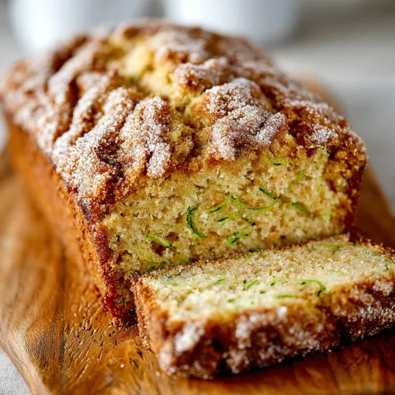 A slice of zucchini bread with cinnamon on top.
