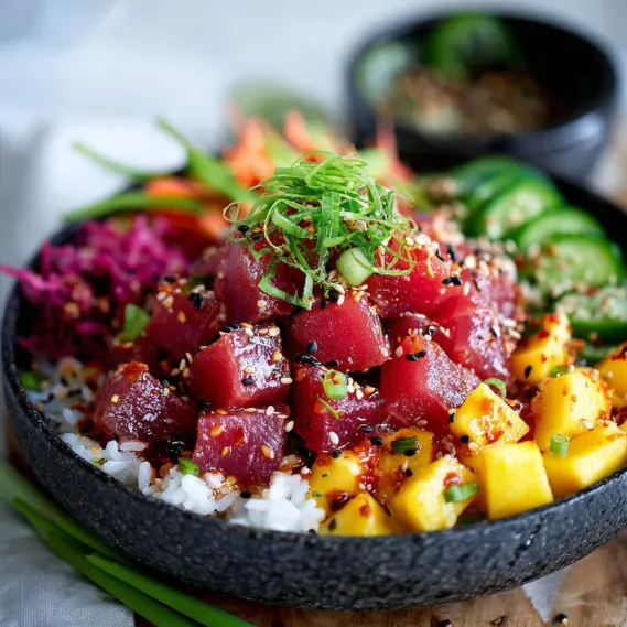 A bowl of food with a variety of ingredients including tuna, rice, and vegetables.