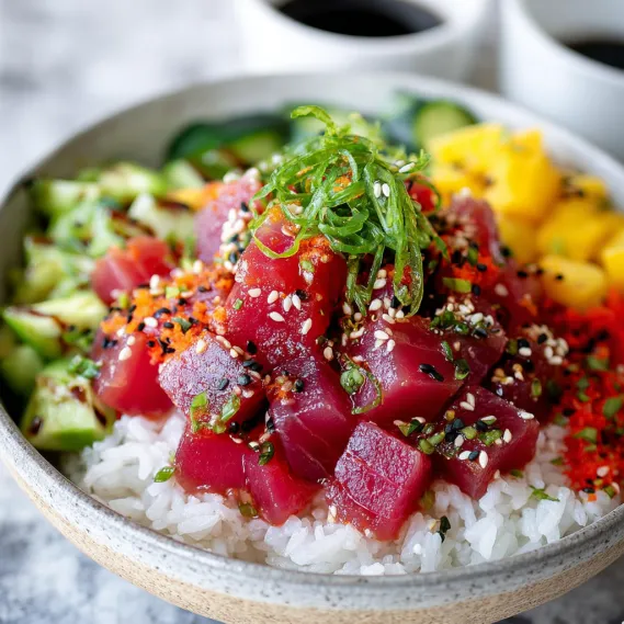 A bowl of food with rice, tuna, and vegetables.