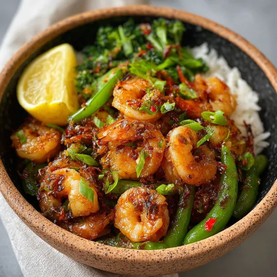 A bowl of shrimp and vegetables.