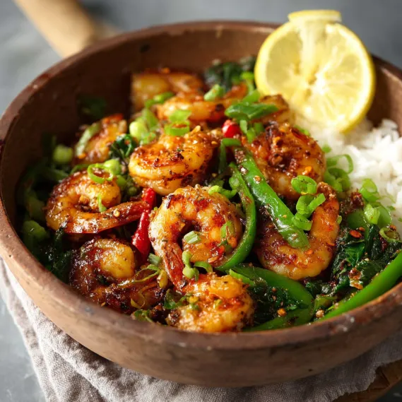 A bowl of shrimp and vegetables with a lemon wedge on top.