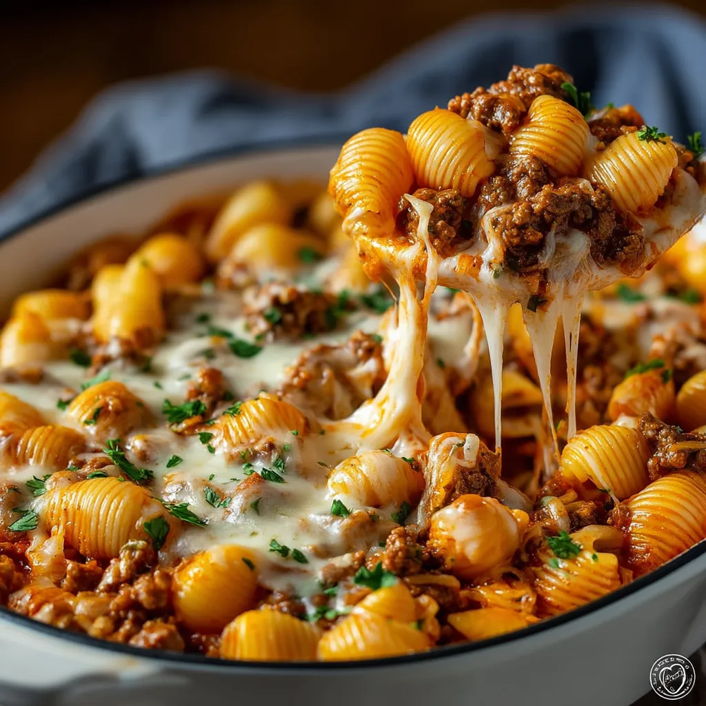 A bowl of creamy beef and shells.