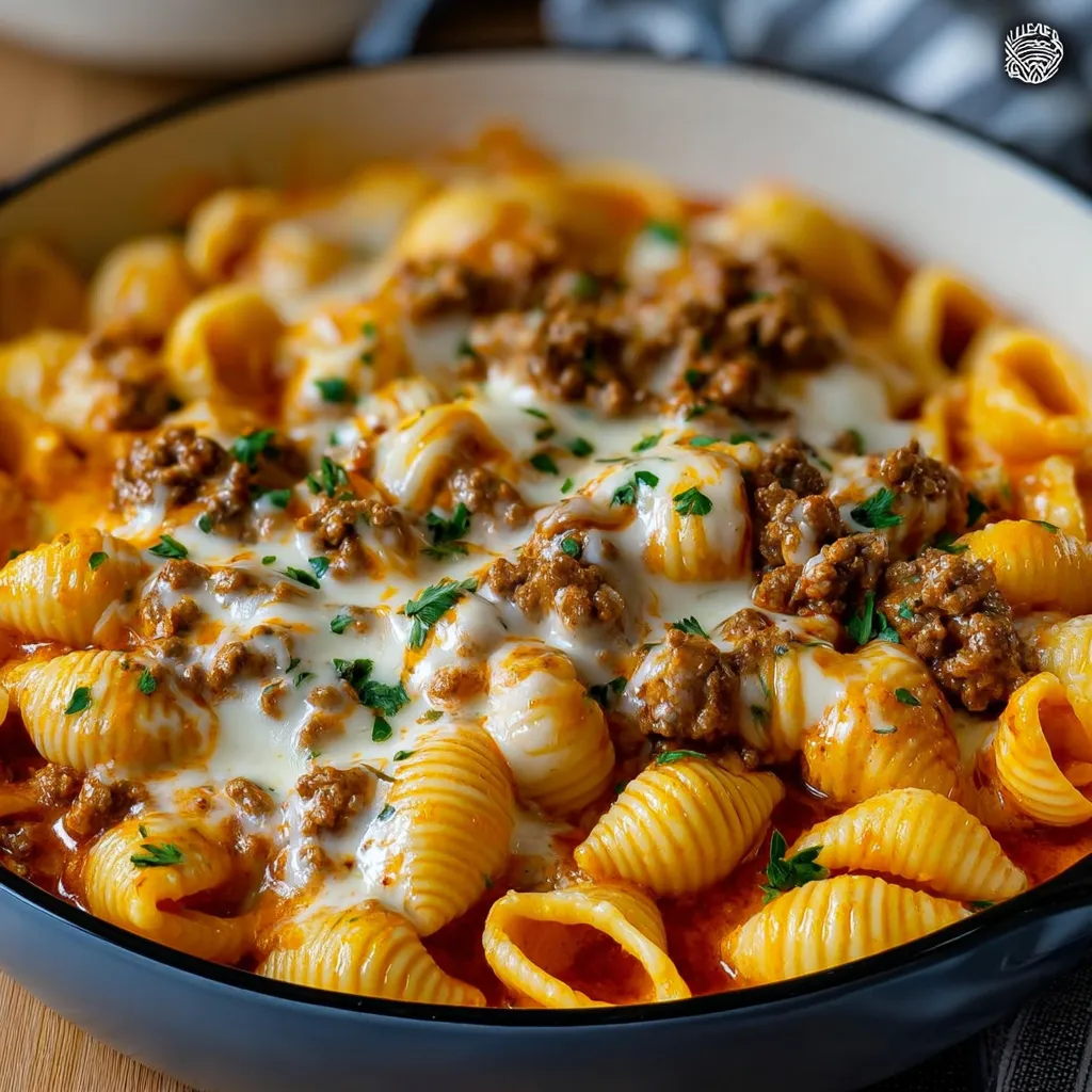 A bowl of creamy beef and shells.