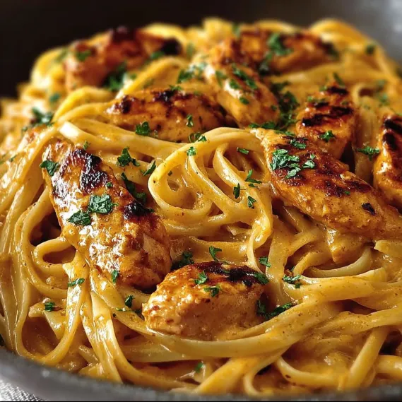 A plate of Cowboy Butter Chicken Linguine.