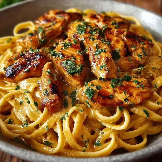 A bowl of pasta with chicken and herbs.