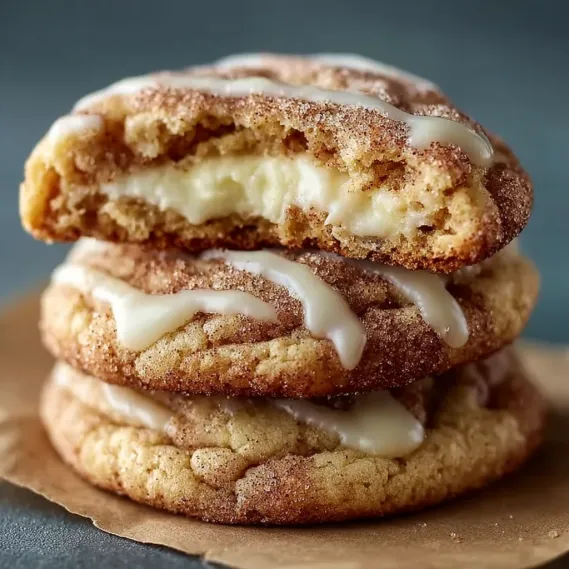 A stack of cinnamon roll cheesecake cookies.