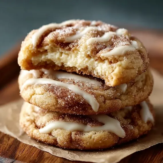 A stack of cinnamon roll cheesecake cookies.